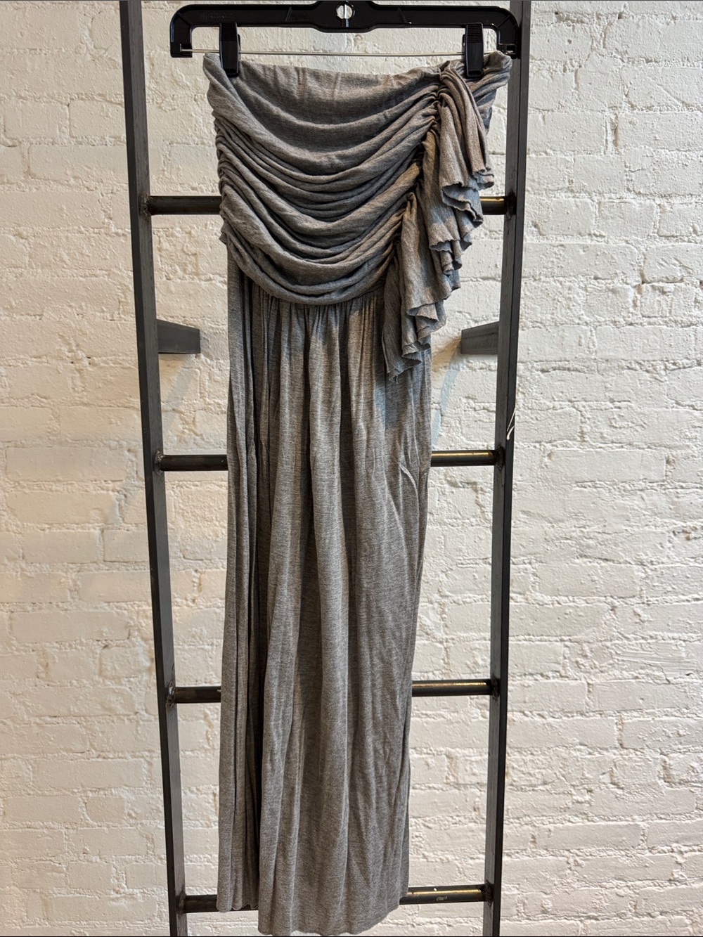 J Crew Strapless Gray Draped Midi Dress